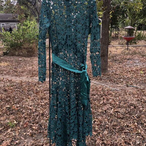 Green Lace Floor Length Dress with high collar and a teal satin sash, Size M - Picture 2 of 11